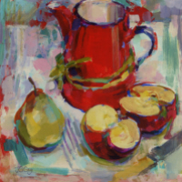 Red jug and fruit